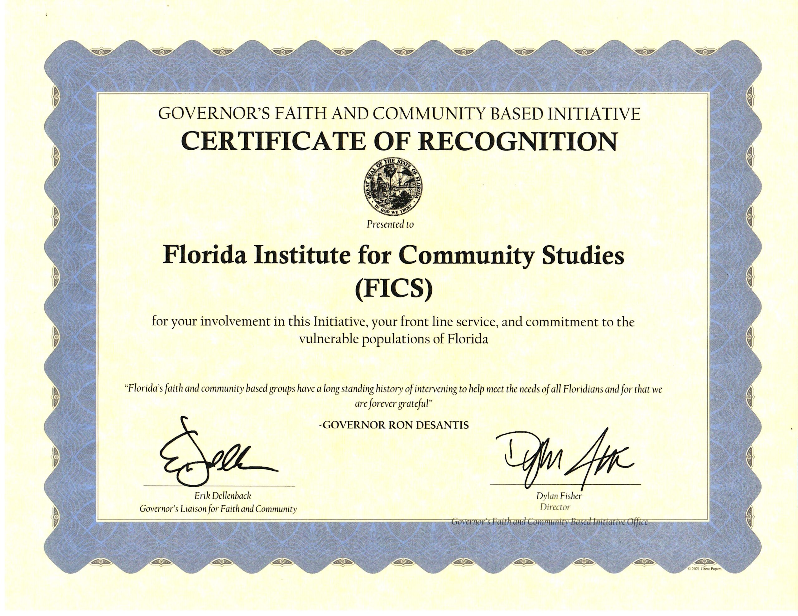 FICS Receives Recognition from the State of Florida